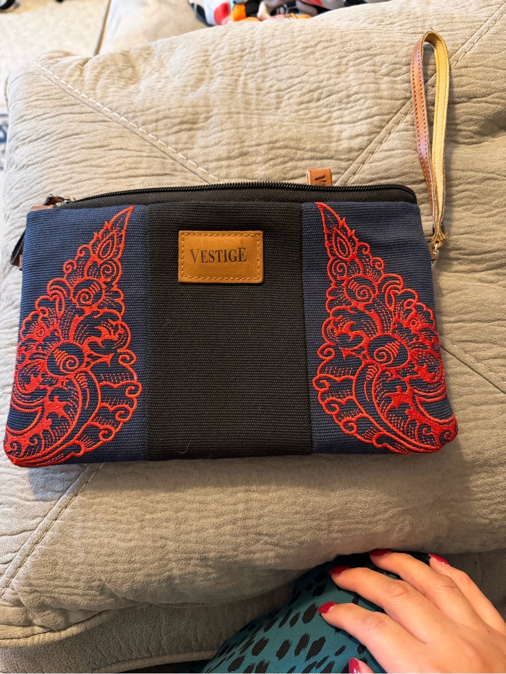 Vestige Canvas Embroidered Clutch Pouch / Cosmetic Bag - Blue & Orange Floral